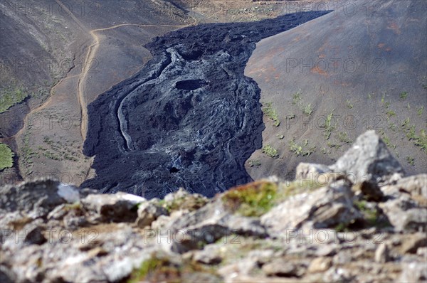 View of fresh lava fields, volcanic eruption at Fagradalsfjall, Grindavik, Reykjanes, Iceland, Europe