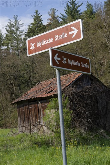 Sign in Liemersbach, Grosserlach, Rems-Murr district, Idyllic Road, Mainhardter Forest, Swabian-Franconian Forest nature park Park, Baden-Wuerttemberg, Germany, Europe