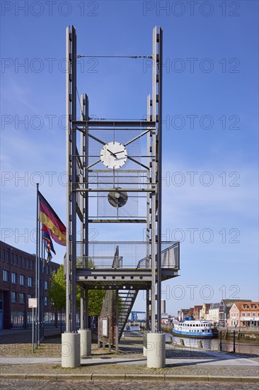 Viewing platform with clock and German flag in front of the harbour basin of the Oat in Husum, Nordfriesland district, Schleswig-Holstein, Germany, Europe