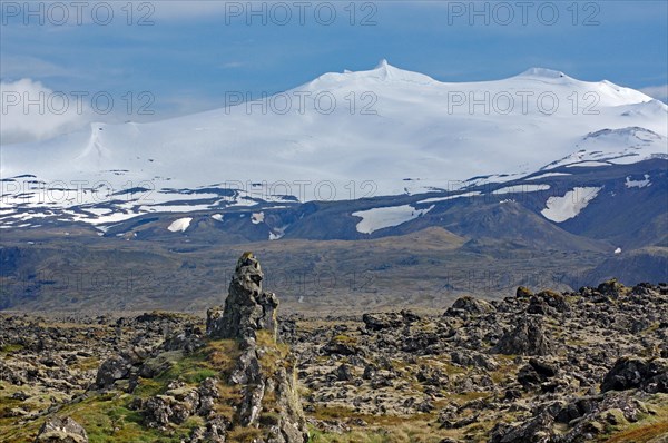 Glaciated volcano and lava landscape, Jules Verne, Journey to the centre of the earth, Snaefelnesjoekull, Iceland, Europe