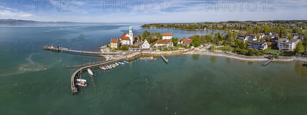 Moated castle peninsula with castle and parish church of St George on Lake Constance. Aerial photo, panoramic view, moated castle, Bavaria, Germany, Europe