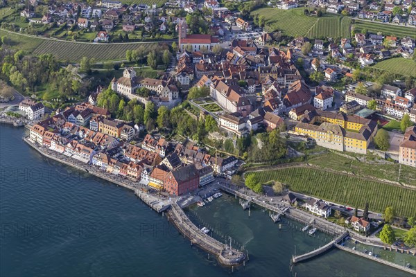 Zeppelin flight over Lake Constance, aerial view, Meersburg with castle, new castle, harbour and state winery, M, eersburg, Baden-Wuerttemberg, Germany, Europe