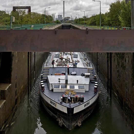 The motor tanker Wiki in the lock system Wanne-Eickel, Neue Suedschleuse, Rhine-Herne Canal, Herne, Ruhr area, Germany, Europe