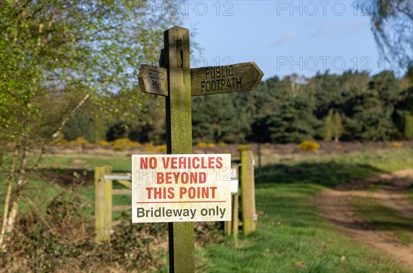 No Vehicles beyond This Point, Bridleway Only, sign Suffolk Sandlings, Shottisham, England, UK