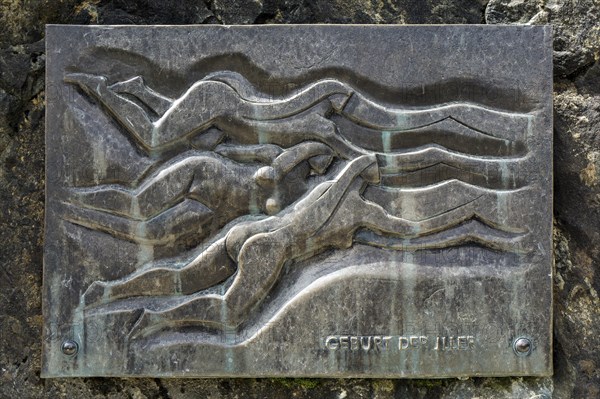 Bronze plaque Birth of the Iller, Illersprung, confluence of the Trettach, Breitach and Stillach rivers, between Oberstdorf and Fish, Oberallgaeu, Allgaeu, Bavaria, Germany, Europe