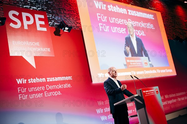 Federal Chancellor Olaf Scholz, recorded at the Social Democratic Congress of the SPD and PES with the motto 'We stand together for our Europe' in Berlin, 4 May 2024