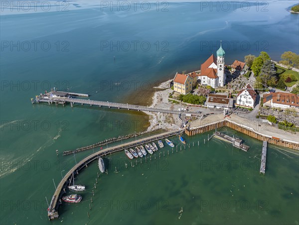 Moated castle peninsula with castle and parish church of St George on Lake Constance. Aerial view, moated castle, Bavaria, Germany, Europe