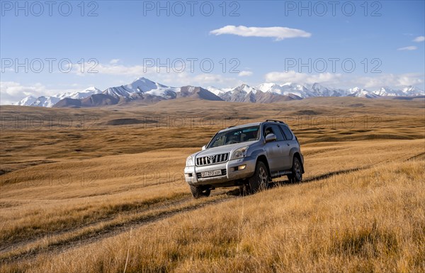 Off-road vehicle Toyota Land Cruiser driving on a track through yellow grass, behind glaciated mountain peaks of the Tien Shan Mountains, Sary Jaz Valley, Kyrgyzstan, Asia