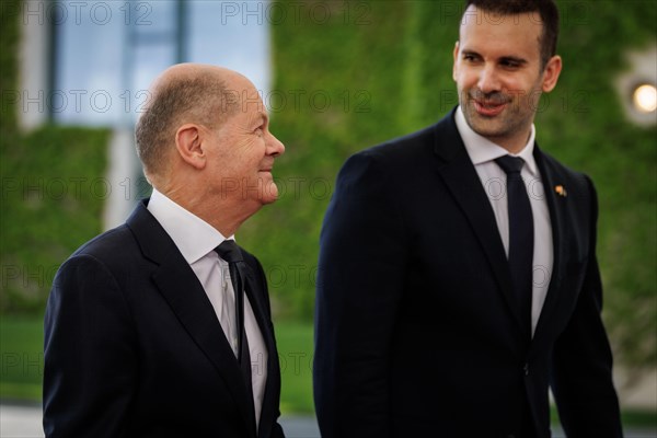 (L-R) Olaf Scholz, Federal Chancellor, and Milojko Spajic, Prime Minister of Montenegro, pictured during a joint meeting in Berlin, 29 April 2024