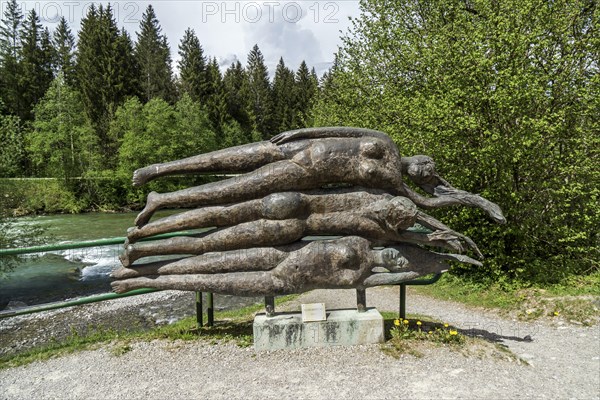 Bronze sculpture at the Illersprung, confluence of the Trettach, Breitach and Stillach rivers, between Oberstdorf and Fish, Oberallgaeu, Allgaeu, Bavaria, Germany, Europe