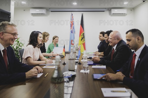 (L-R) Annalena Baerbock (Alliance 90/The Greens), Federal Foreign Minister, meets Viliame Gavoka, Deputy Prime Minister of Fiji, in Nadi, 5 May 2024. Baerbock is travelling to Australia, New Zealand and Fiji for political talks / Photographed on behalf of the Federal Foreign Office