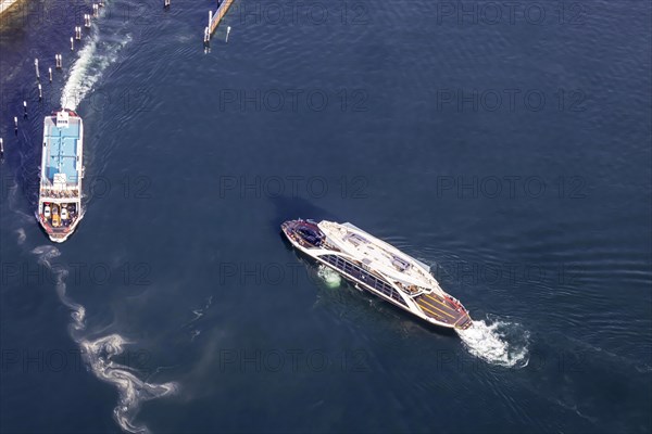 Lake Constance ferry between Constance and Meersburg on Lake Constance, aerial view from a zeppelin, Meersburg, Baden-Wuerttemberg, Germany, Europe