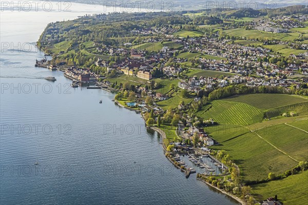 Zeppelin flight over Lake Constance, aerial view, Meersburg with castle, new castle, harbour and state winery, M, eersburg, Baden-Wuerttemberg, Germany, Europe