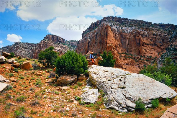 Cowboy between rocks, Canyon de Chelly National Monument, area of the Navajo Nation in the north-east of the US state of Arizona. The nearest town is Chinle. Colorado Plateau, Arizona, USA, North America