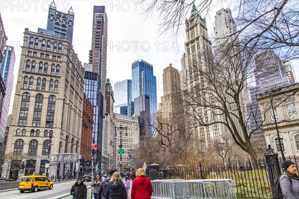 Thomas Paine Park and the historic skyscrapers of Lower Manhattan, New York City