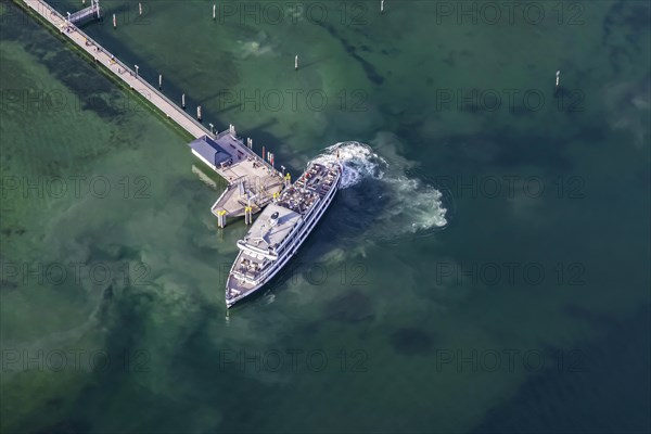 Landing stage with excursion boat SCHWABEN of the White Fleet, aerial view in spring with turquoise-coloured water, Immenstaad on Lake Constance, Baden-Wuerttemberg, Germany, Europe