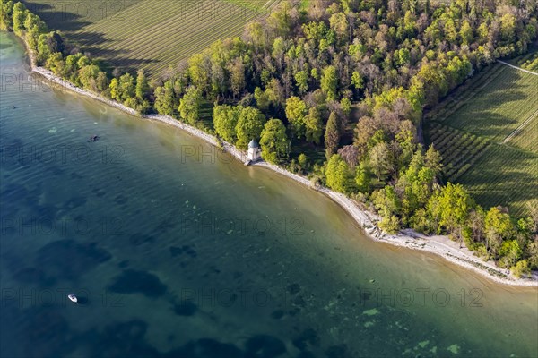 Flight in a zeppelin along the shore of Lake Constance, aerial view, Badehaus Schloss Kirchberg, Immenstaad, Baden-Wuerttemberg, Germany, Europe