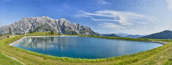 Reservoir with Hochkoenig mountains, blue sky, Dienten, Pongau, Salzburg, Austria, Europe