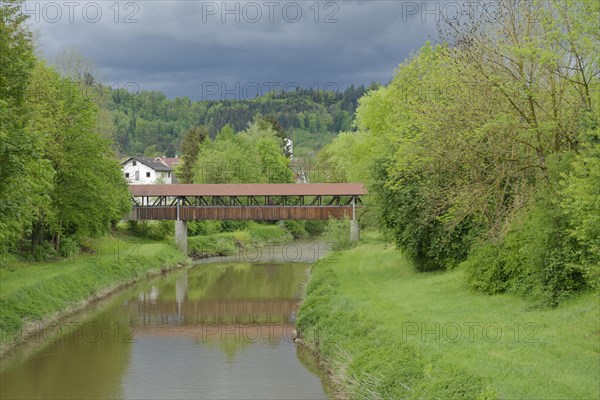 Kocher bridge in Gaildorf, Kocher valley, church, Limpurger Land, Schwaebisch-Franconian Forest Nature Park, Schwaebisch Hall, Hohenlohe, Heilbronn-Franconia, Baden-Wuerttemberg, Germany, Europe