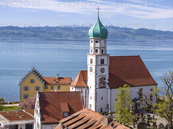 Moated castle peninsula with castle and parish church of St George on Lake Constance. Aerial view, moated castle, Bavaria, Germany, Europe