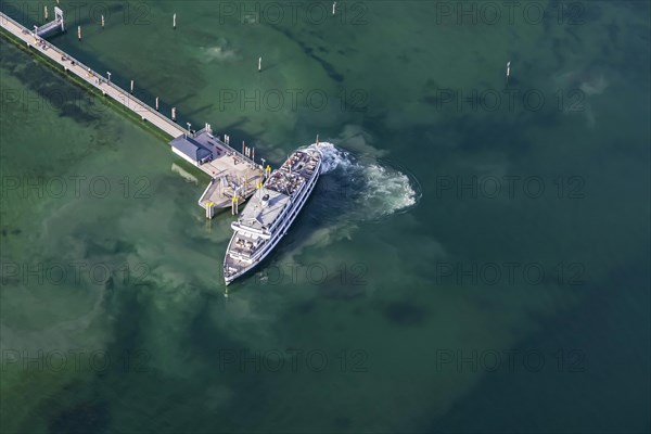Landing stage with excursion boat SCHWABEN of the White Fleet, aerial view in spring with turquoise-coloured water, Immenstaad on Lake Constance, Baden-Wuerttemberg, Germany, Europe