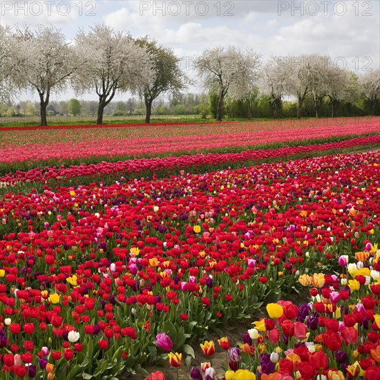 Tulip field in front of blossoming fruit trees, Grevenbroich, Lower Rhine, North Rhine-Westphalia, Germany, Europe