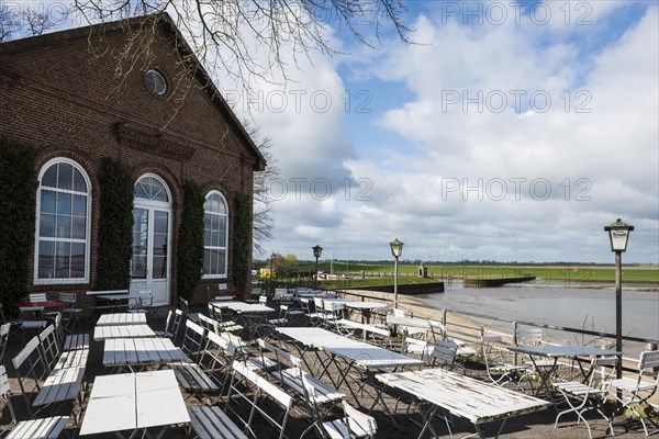 Beer garden by the sea, Altes spa hotel, Dangast, Jade Bay, North Sea, Lower Saxony, Germany, Europe