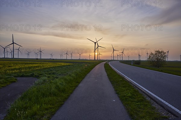 Wind turbines with country road and cycle path in front of setting sun and sunset near Bordelum, Nordfriesland district, Schleswig-Holstein, Germany, Europe