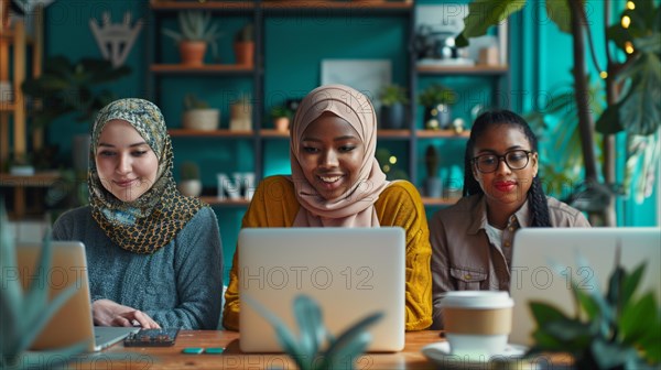Multi-ethnic group of women colleagues with hijabs focusing on work in a modern office setting, ai generated, AI generated