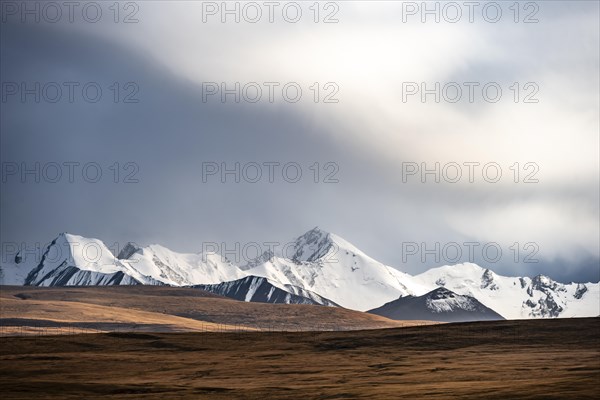 Glaciated and snow-capped mountains, dramatic landscape, high plateau, autumnal mountain landscape with yellow grass, Tian Shan, Sky Mountains, Sary Jaz Valley, Kyrgyzstan, Asia