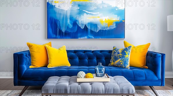 A blue couch with yellow pillows sits in front of a yellow wall. Modern luxury interior design, AI generated