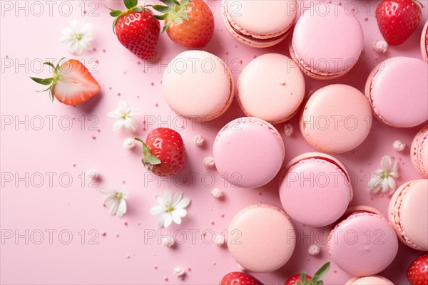 Pink strawberry macarons. KI generiert, generiert, AI generated