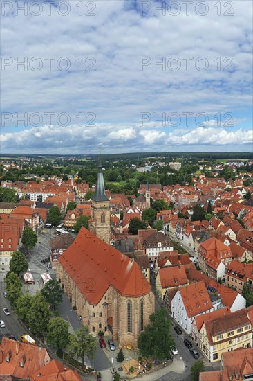 Aerial view of the historic old town of Schwabach with a view of the town church of St John and St Martin. Schwabach, Middle Franconia, Bavaria, Germany, Europe