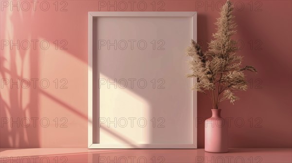 Empty frame with a dry plant in a vase against a pink wall, illuminated by sunlight, AI generated