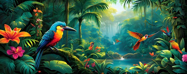 AI generated illustration of an enchanted fairy tale jungle inhabited by magical fantasy animals in vibrant colors
