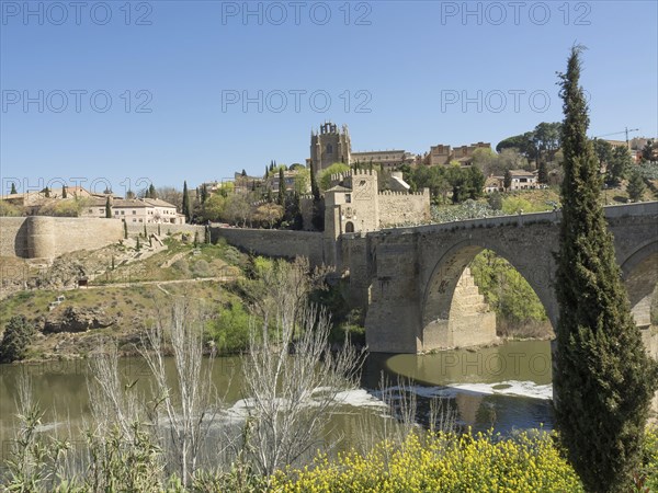 Stone bridge with arches over a river, surrounded by urban landscape and vegetation, sunny weather, historic stone bridge with an old tower and an old town in the background over a wild river, Toledo, Spain, Europe