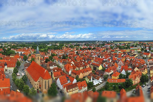 Aerial view of the historic old town of Schwabach with a view of the town church of St John and St Martin. Schwabach, Middle Franconia, Bavaria, Germany, Europe