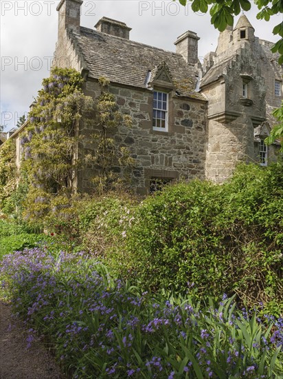 A historic stone house surrounded by a lush green garden and shrubs on a sunny day, old stone house in a green garden with trees and plants, inverness, Scotland, United Kingdom, Europe
