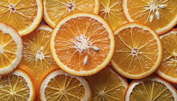 Close-up of sliced oranges with visible seeds showing juicy texture and details of the fruit, AI generated, AI generated