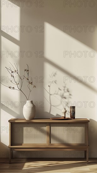 A wooden cabinet in home interior. AI generated