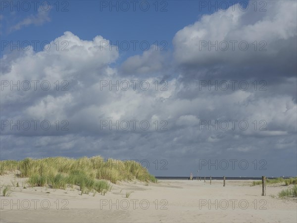 Sand dunes with grass and a wide view of the sea under a cloudy sky, lonely beach with dune grass in the neighbouring dune and marker posts, clouds play in the sky, Spiekeroog, Germany, Europe