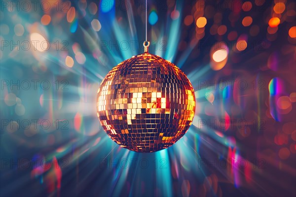 A disco ball is suspended from the ceiling at party in nightclub, reflecting the lights and creating a festive atmosphere, AI generated
