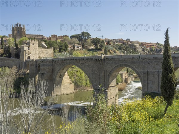 Historic stone bridge with arches over a river, surrounded by church, vegetation and cityscape, sunny weather, historic stone bridge with an old tower and an old town in the background over a wild river, Toledo, Spain, Europe