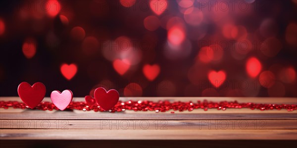Heart shaped red confetti on wooden table with heart bokeh lights in background. KI generiert, generiert, AI generated