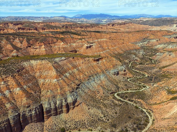 Red rocks and canyons criss-crossed by serpentine roads, embedded in a vast desert landscape, aerial view, Los Coloraos, Grand Canyon of Andalusia, Gorafe desert, Granada, Andalusia, Spain, Europe