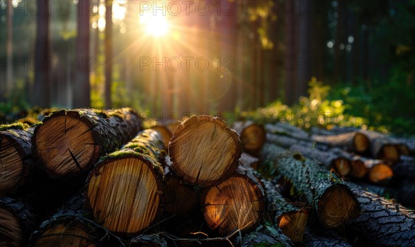Logging, sawn logs closeup AI generated