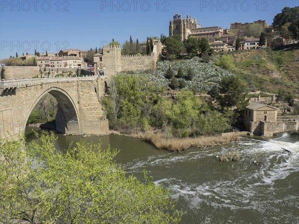 River with historic stone bridge and green vegetation in the background on a clear sunny day, historic stone bridge with an old tower and an old town in the background over a wild river, Toledo, Spain, Europe