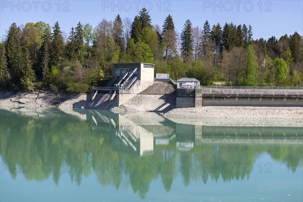 Lech barrage at Forggensee, Lech, power station, head reservoir, flood protection, flood regulation, energy generation, energy storage, Rosshaupten, Ostallgaeu, Allgaeu, Bavaria, Germany, Europe