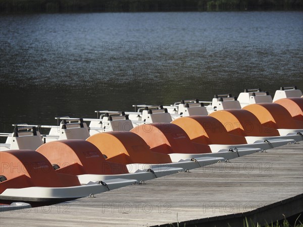 Several orange and white pedal boats are neatly moored in rows on the jetty, rowing boats and pedal boats on a small wooden jetty in the lake surrounded by trees, Borken Germany