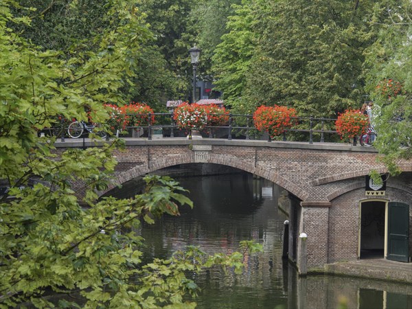 Stone bridge over a river with flowers and green trees in the background, Flowers and botte on a river with an old stone bridge, Utrecht, Netherlands